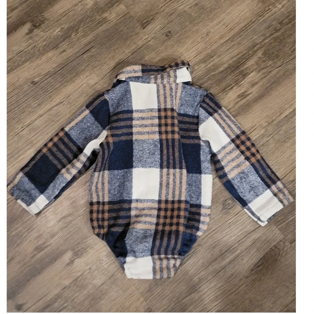 Unbranded Blue Tan Plaid Long Sleeve Flannel Bodysuit 12-18M‎ Onesie